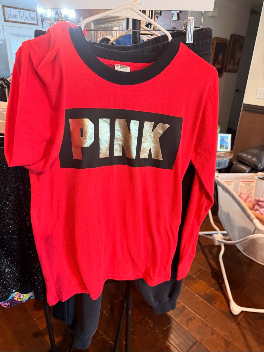 PINK Victoria's Secret Red Long-Sleeve Tee with Black Trim and Metallic Logo
